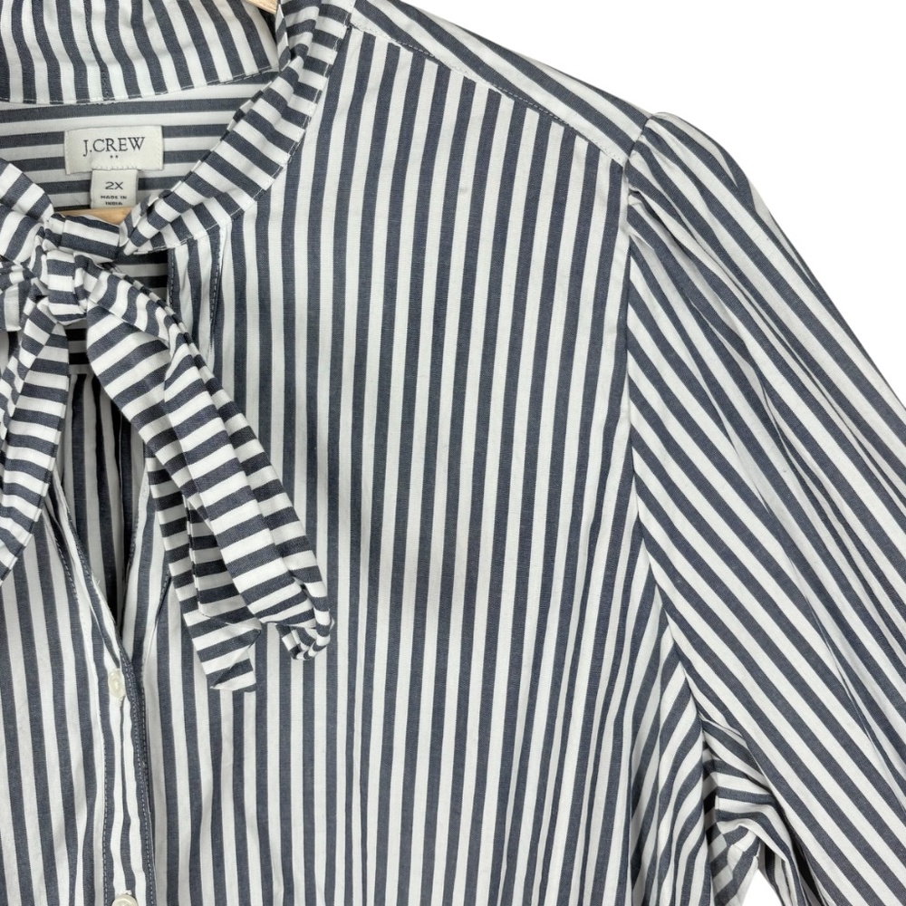 J.Crew Factory Blue & White Striped Bow Tie-Neck Button Down Blouse Sz 2X Preppy - Picture 3 of 11